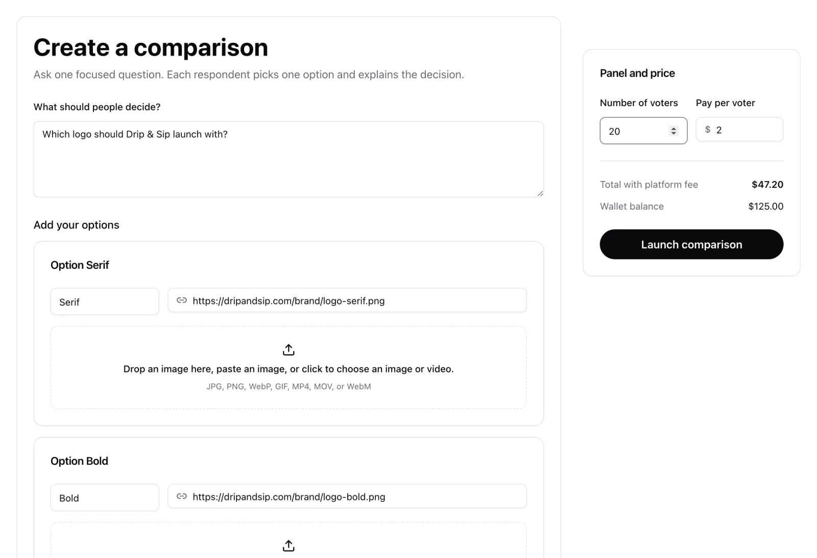 The Taste create screen: a question, two options, and the panel price.